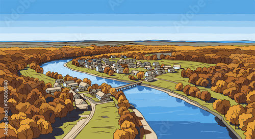 Autumnal village nestled by a river, surrounded by colorful trees