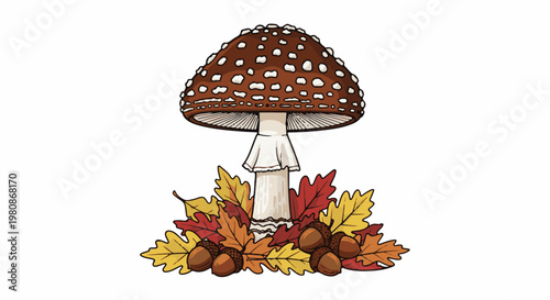 Autumnal mushroom and acorns with colorful fallen leaves