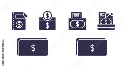 Financial icons representing cash, currency, and wallet, suitable for finance and banking concepts. They illustrate different transaction elements and payment methods, such as paper bills.