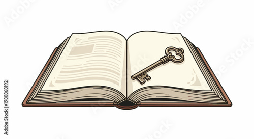An open book with a decorative metal key resting on its pages