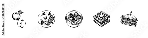 Breakfast and Brunch Food Elements with Hand-Drawn Engraving Style and Organic Sketchy Textures