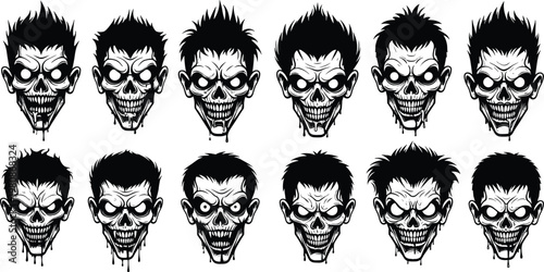 Black silhouette vector illustration of grotesque zombie and skull faces with hollow eyes and sharp teeth, symbolizing horror, Halloween, gothic, and macabre design themes