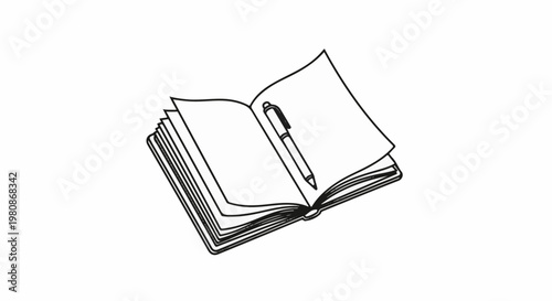 An open notebook with a pen resting on its pages