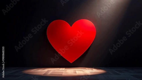 Red heart on dark wall with spotlight
