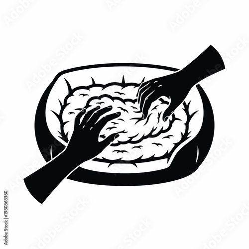 Hands reaching towards thorny brain shaped object like crown of thorns symbolic for pain or suffering concept of faith or redemption.