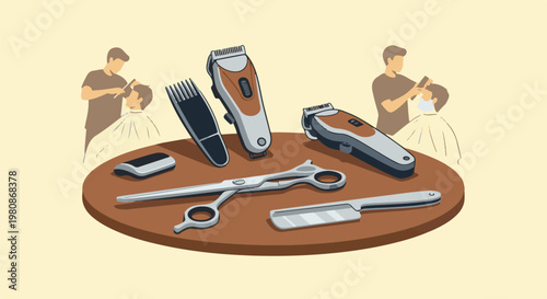 Barbershop tools and two barbers giving haircuts on a round surface
