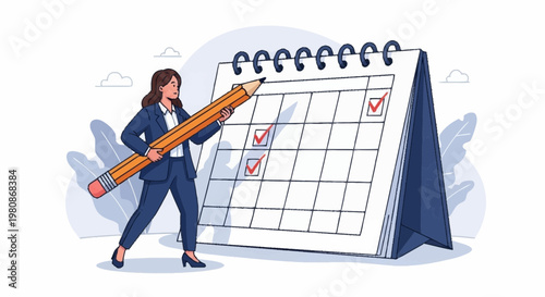 Businesswoman planning schedule with giant pencil vector illustration