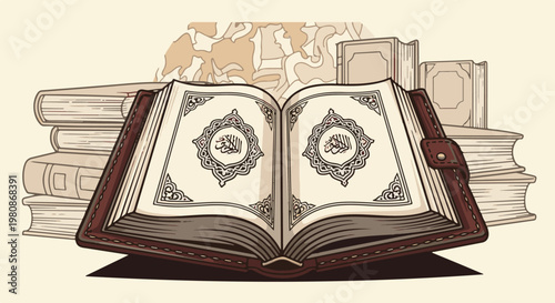 An open, ornate book lies among other stacked books and a shadowy shape