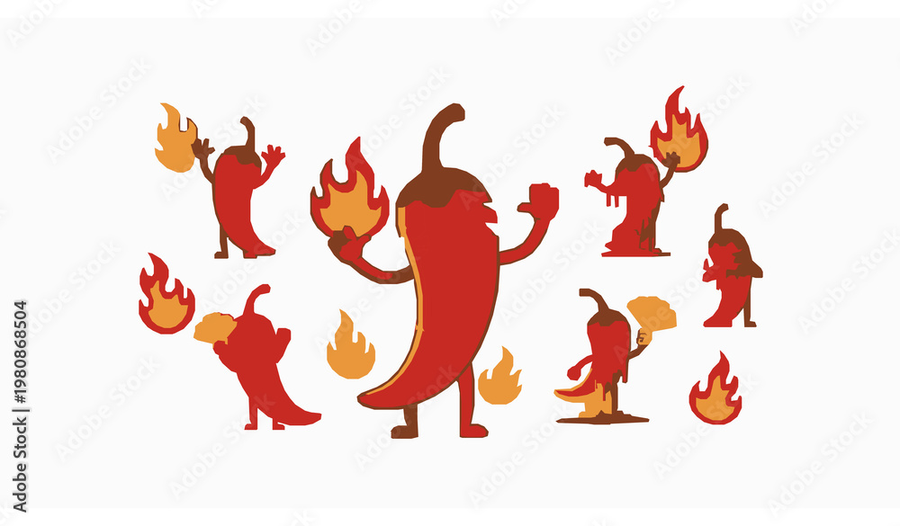 Obraz premium Red hot chili pepper mascot characters set with fire flames