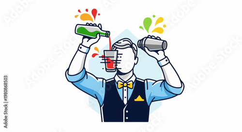 Bartender mixes colorful drinks in a stylized illustration