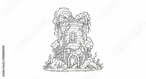 An overgrown stone tower with arched doorways and leafy vines