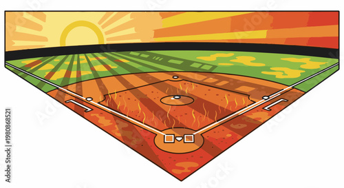 Baseball diamond glowing with fiery sunset and radiating heat