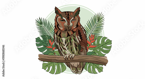 An owl with closed eyes perches on a branch surrounded by lush tropical foliage