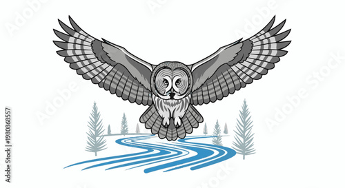 An owl with outstretched wings soars above a winding blue river with sparse trees