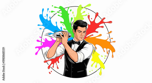 Bartender mixing drinks with colorful splashes around him