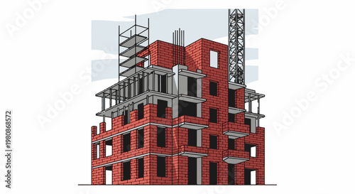 An unfinished brick building with exposed rebar and scaffolding