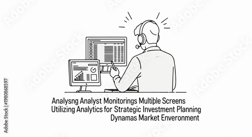 Analyst with headset monitors charts and data on multiple computer screens