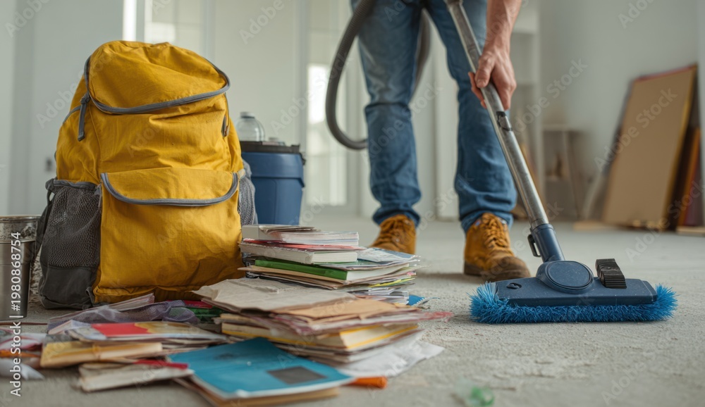 Fototapeta premium Person cleaning floor with vacuum cleaner in a modern indoor setting