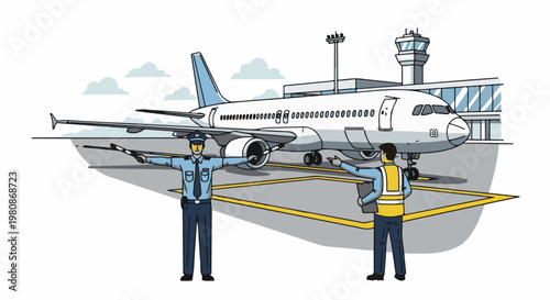 Airport ground crew directs a passenger jet on the tarmac near the terminal