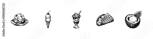 Ice Cream Parlor Elements and Frozen Dessert Toppings with Bold Inky Brush Strokes and Hand-Drawn Sketchy Aesthetic