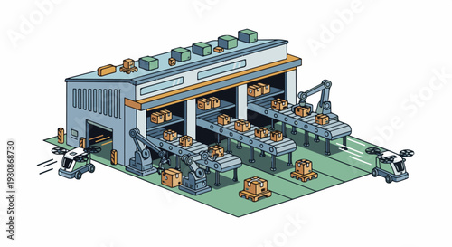 Automated warehouse with robotic arms and delivery drones processing boxes