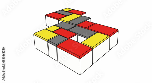 Abstract geometric arrangement of red, yellow, and gray blocks on white bases