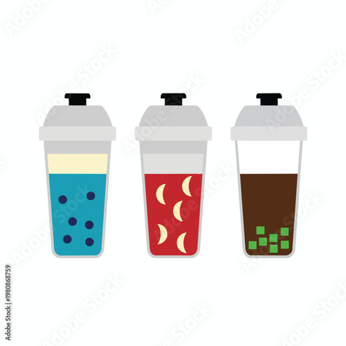 Three takeaway bubble tea drinks with different colorful toppings and flavors in clear plastic cups with lids on white background.