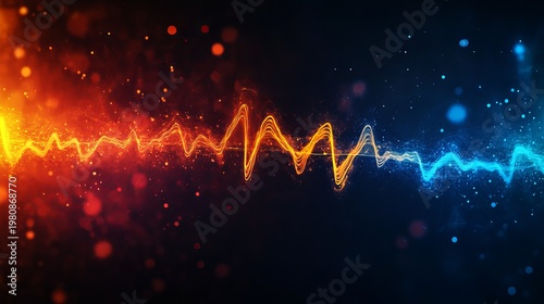 A vibrant and dynamic waveform illustration with colorful sparks and glowing lines on a dark background