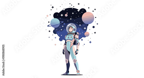 Futuristic Female Astronaut in Space Suit with Galaxy Background.