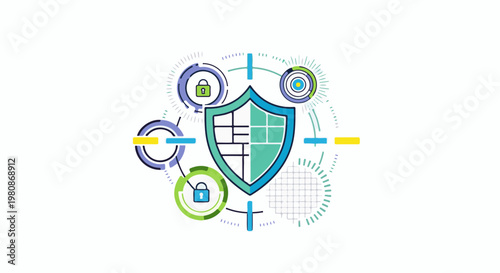 Abstract digital shield with locks and circular data graphics