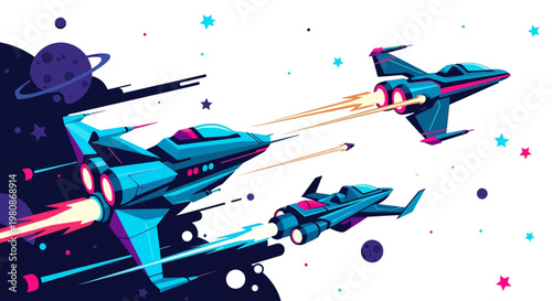 Futuristic Spacecraft and Rocket Ships in Outer Space Scene.