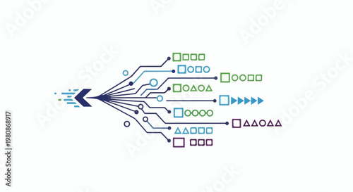 Abstract digital network with converging lines and diverse geometric shapes