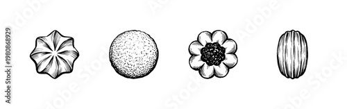 Traditional Bakery Cookies and Sweet Pastry Biscuits with Hand-Drawn Inky Doodle and Calligraphic Ink Strokes