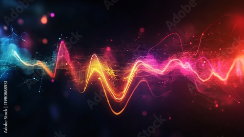 A vibrant and dynamic waveform graphic with colorful neon lights on a dark background