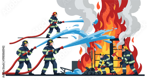 Firefighters Combat Large Fire with Water Hoses in Emergency Rescue Scene.