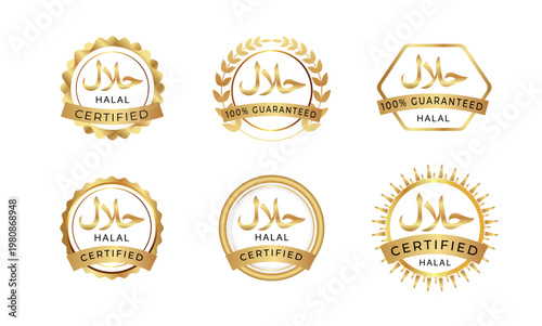 Premium Golden Halal Logo Set - Vector Islamic Dietary Symbols with Metallic Finish and Arabic Calligraphy