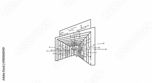 Abstract digital circuit tunnel with perspective lines and nodes