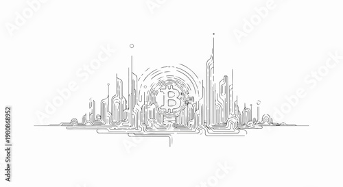Abstract digital cityscape with a central circular symbol and intricate line art