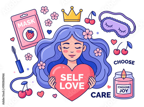 Self Love and Self Care Illustration: Cute Girl Holding Heart with Beauty and Wellness Icons, Face Mask, Candle, and Sleep Mask for Mental Health Awareness