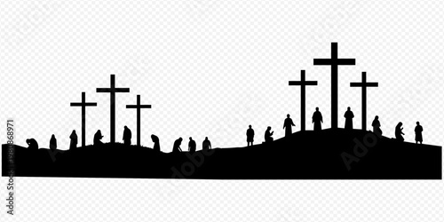 Silhouette of Calvary hill with three crosses and people mourning, symbolizing Good Friday and Easter.