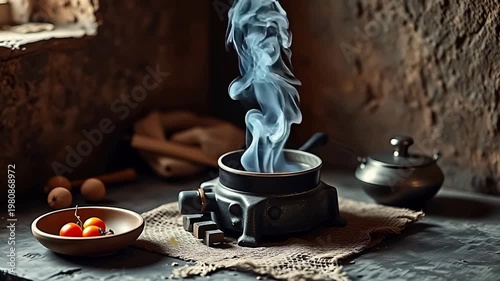 Smoking pot on a rustic table