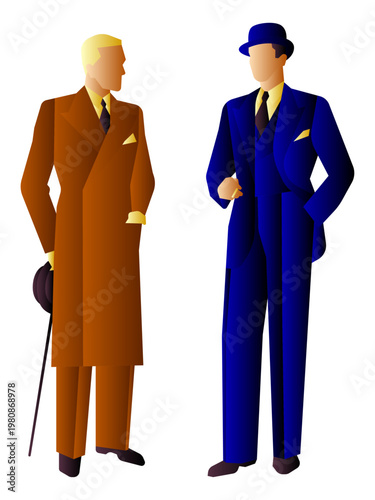 Vintage vector illustration of two stylish gentlemen in 1930s formal attire, featuring a long brown overcoat and a classic blue three-piece suit with hats.