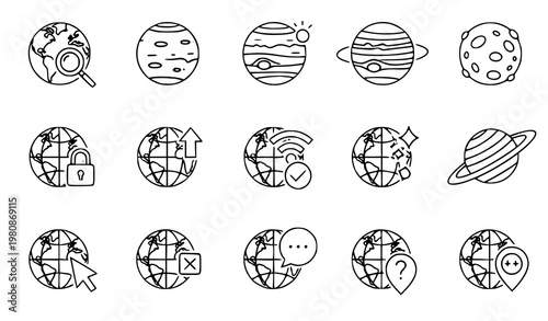 A set of vector graphic icons depicting planets and globes with various symbols