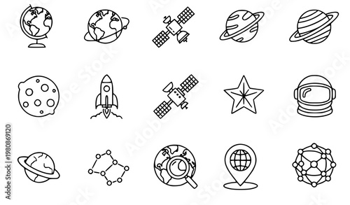 A set of space icons in a minimalist line art style