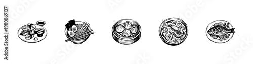 Asian Cuisine Dishes and Traditional Oriental Food Elements with Fluid Engraving Style and Inky Hand-Drawn Sketchy Style