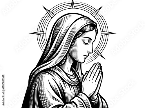 Virgin Mary Praying Black and White Engraving Style Illustration of Blessed Mother Mary with Halo