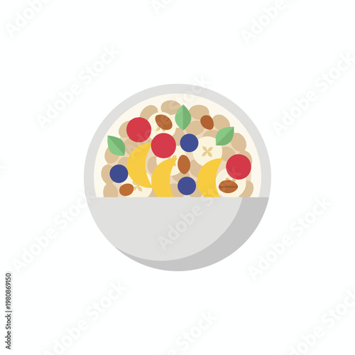 Bowl of healthy breakfast cereal with fresh fruits and nuts.