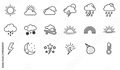 A set of weather icons in a simple line art style