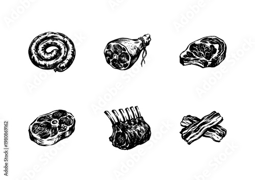 Butcher Shop Meat Cuts and Gourmet Protein Selection with Hand-Drawn Line Art Doodlework and Detailed Hatching Textures