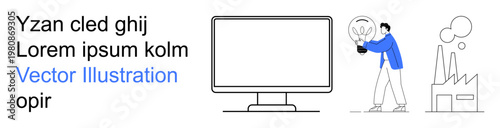 Sustainable energy, innovation, environmental conservation, green technology, future development, eco-friendly solutions. A person holding a plant, a monitor and an industrial setup. Environmental